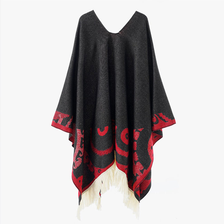 Damen Wollmix-Medallionponcho mit V-Ausschnitt und Fransensaum Echo Archiv