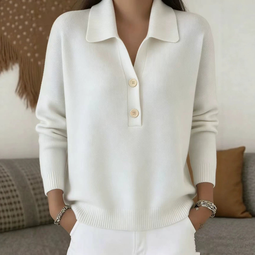 Damen lässiger Feinstrickpullover mit Polokragen und Zwei-Knopf-Leiste Echoarchiv