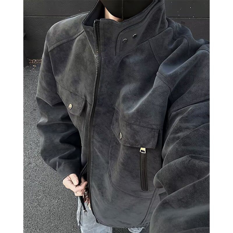 Herren Oversized Wildleder-Optik Utility-Jacke mit hohem Stehkragen Echoarchiv