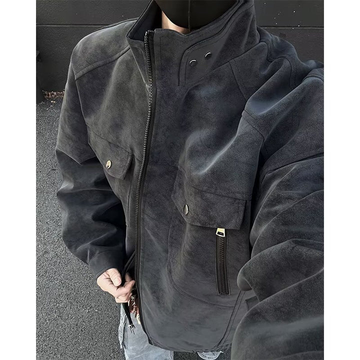 Herren Oversized Wildleder-Optik Utility-Jacke mit hohem Stehkragen Echoarchiv