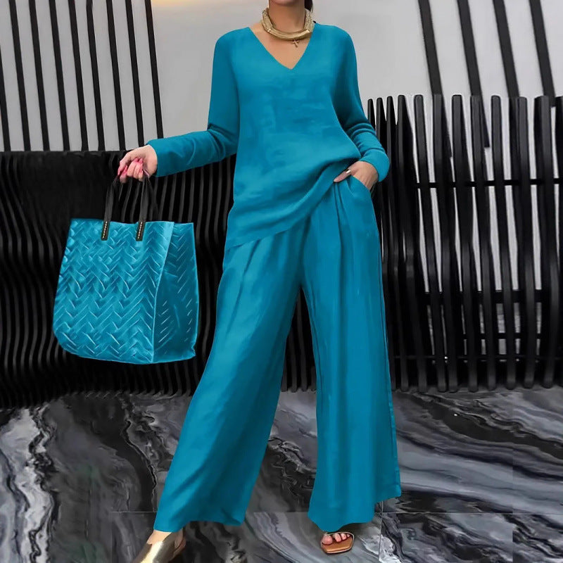 Damen Feiner V-Ausschnitt Strickpullover mit fließender Palazzo-Hose Echo Archiv