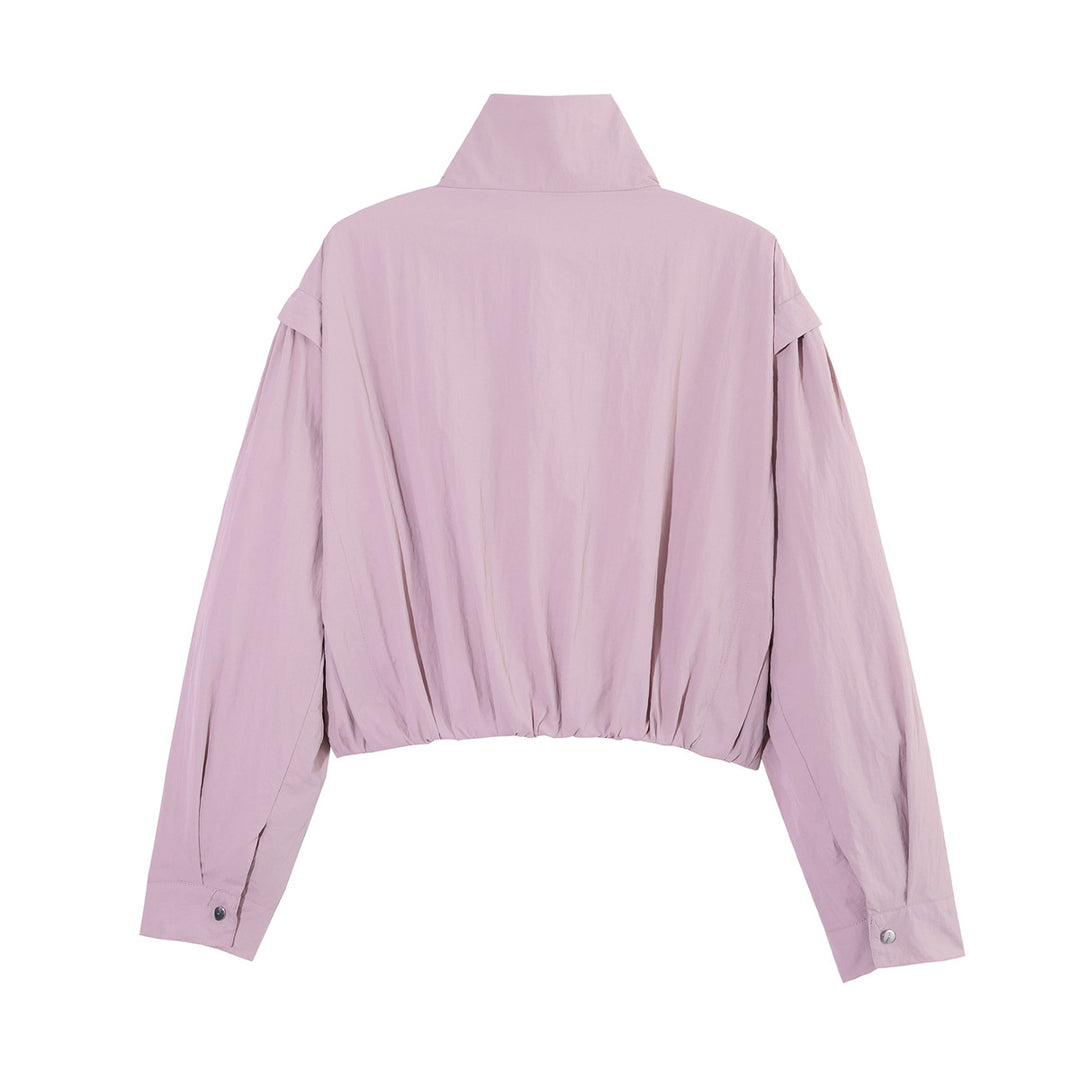 Damen Kurze Cropped-Übergangsjacke mit Stehkragen, geraffter Schulterpasse und Ballonärmeln Echoarchiv