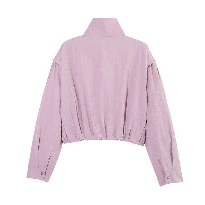 Damen Kurze Cropped-Übergangsjacke mit Stehkragen, geraffter Schulterpasse und Ballonärmeln Echoarchiv