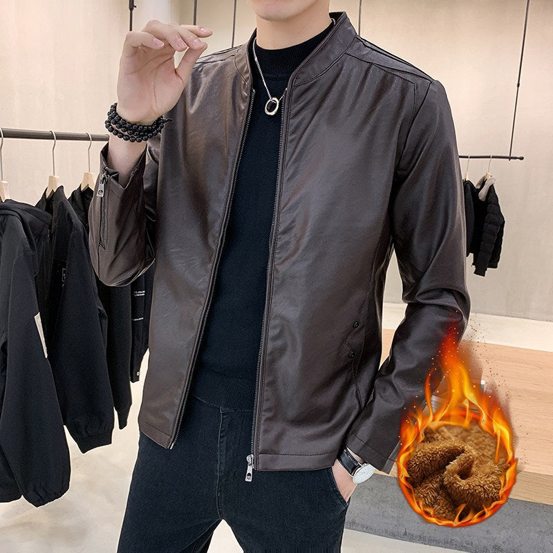 Herren Modische Kunstlederjacke mit Stehkragen und Reißverschlusstaschen Echo Archiv