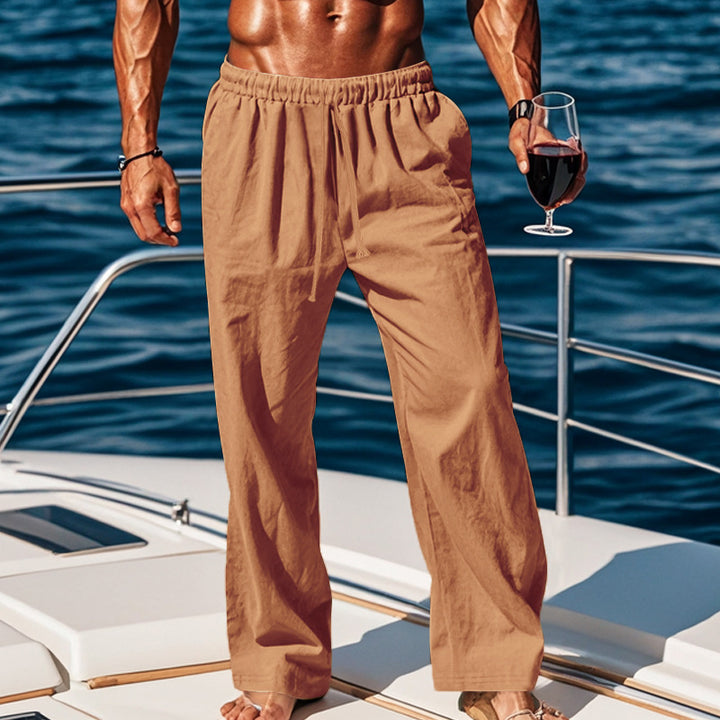 Herren nan weite Leinen-Loungehose mit elastischem Tunnelzugbund, Kordelzug und geradem Bein Echo Archiv