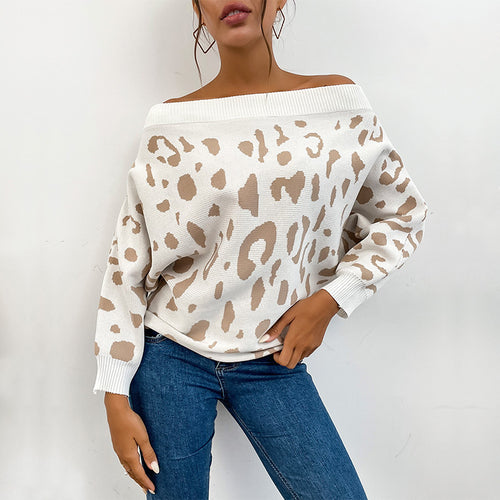 Damen Carmenpullover im Leoparden-Jacquard Oversize mit weitem Ausschnitt Echoarchiv