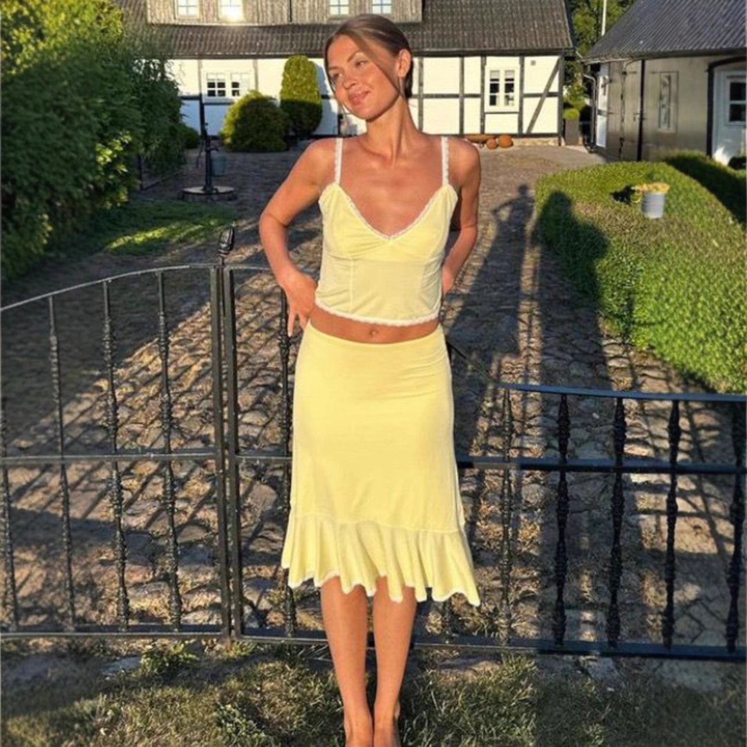 Damen elegantes Set aus Spaghetti-Trägeroberteil und wadenlangem Rock mit Rüschensaum Echo Archiv