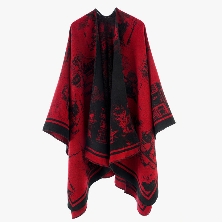 Damen Jacquard‑Capeponcho mit ikonischem Städte‑Jacquard und offenem Oversize‑Fall Echo Archiv