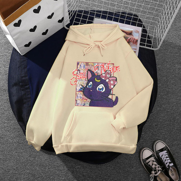 Damen Oversize-Kapuzenpullover mit glitzerndem Anime-Katzen-Motiv, Kängurutasche und weichem Fleece-Innenfutter – Auréline