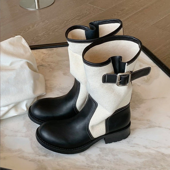Damen Leder-Leinen Mid-Calf Stiefel mit Schnallenriemen Echo Archiv