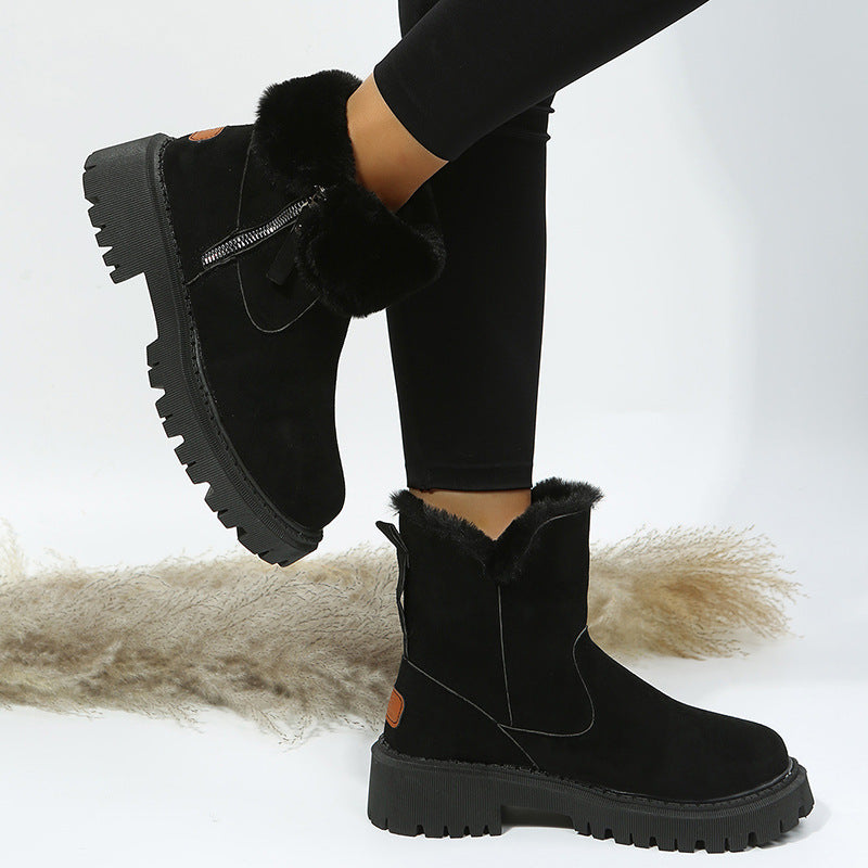 Damen Kurzschaft-Stiefelette mit Teddy‑Umschlag, Veloursoptik und Chunky‑Lug‑Sohle Echoarchiv