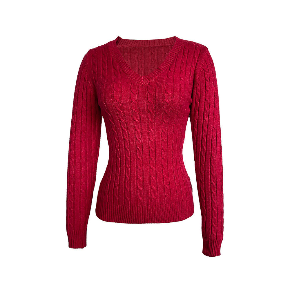 Damen figurbetonter Zopfmuster‑Pullover mit V‑Ausschnitt und taillierender Rippstruktur – Mavelle
