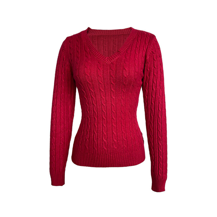 Damen figurbetonter Zopfmuster‑Pullover mit V‑Ausschnitt und taillierender Rippstruktur – Mavelle