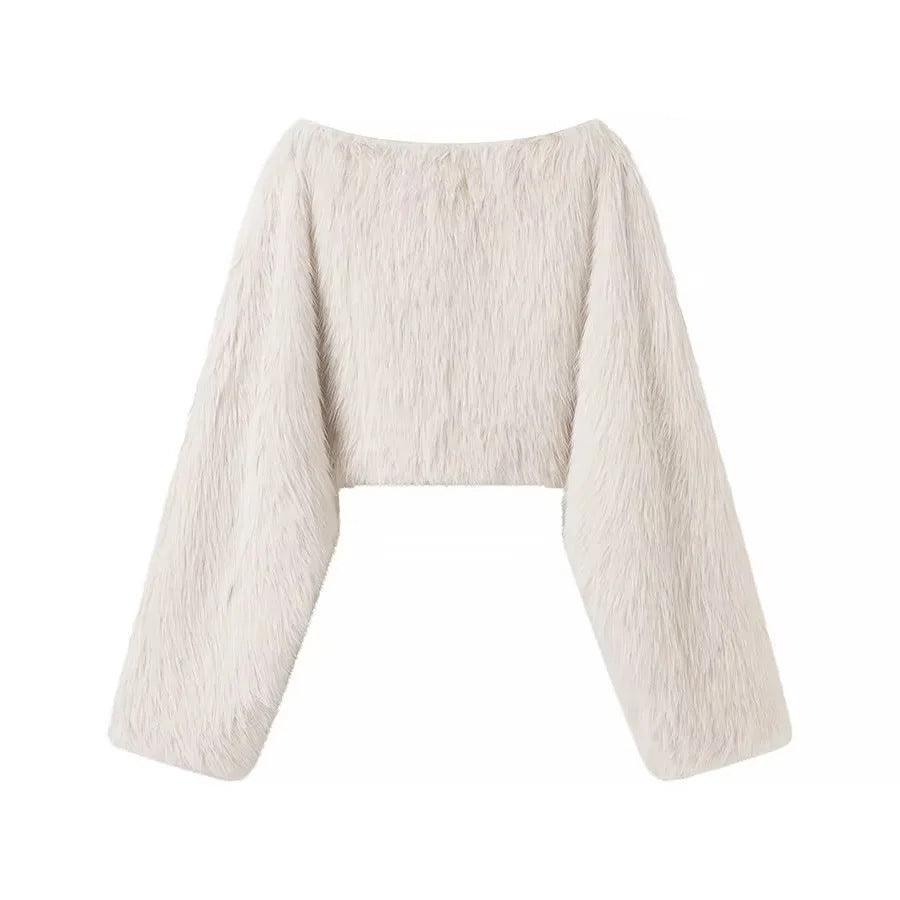 Damen nan kuscheliger Cropped-Fellpullover mit weitem Bootneck und voluminösen Ärmeln Echo Archiv