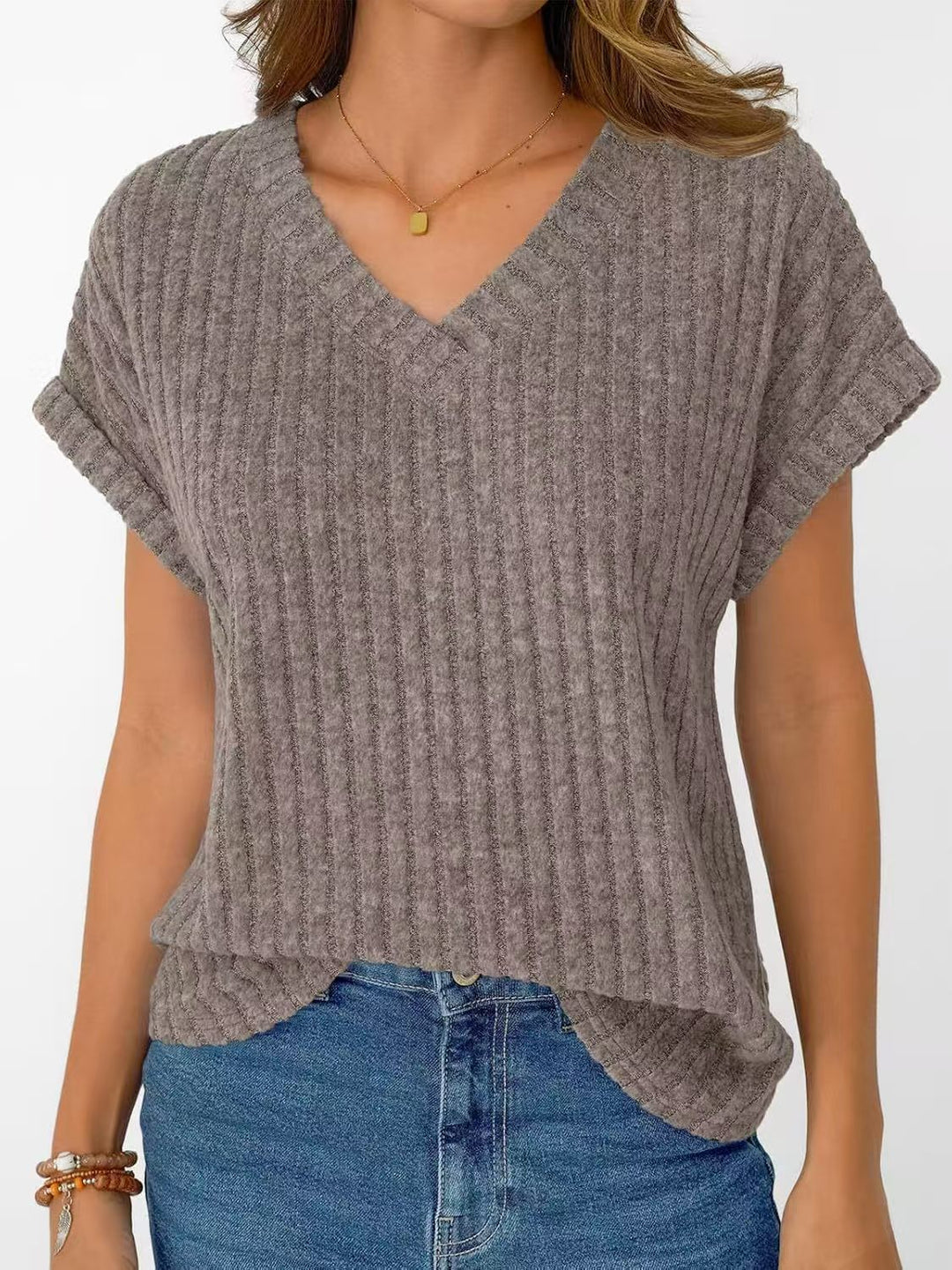 Damen lässiges V-Ausschnitt T-Shirt mit Streifenstruktur Echo Archiv