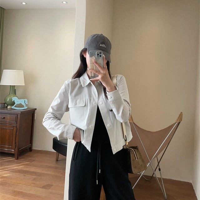 Damen Kurze Overshirt-Jacke aus leichtem Baumwollmix mit Brusttaschen Echoarchiv