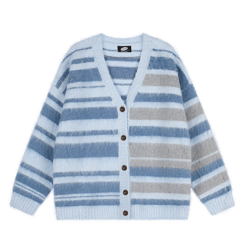 Damen Oversize-Strickjacke mit V‑Ausschnitt, kuscheliger Mohair‑Optik und gestreiftem Muster Echoarchiv