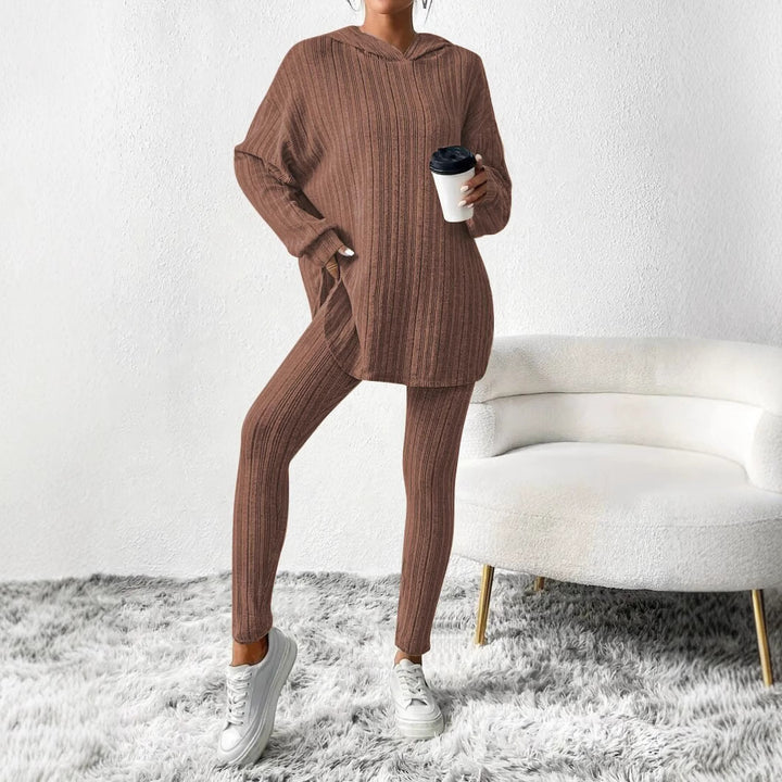 Damen Gerippter Lounge-Set aus Strick mit Oversize-Kapuzenpullover und High-Waist-Leggings – Auréline