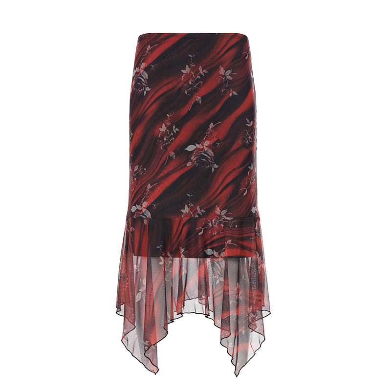 Damen Asymmetrischer Mesh-Midirock mit Volantstufen und floralem Muster Echo Archiv