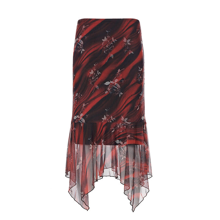 Damen Asymmetrischer Mesh-Midirock mit Volantstufen und floralem Muster Echo Archiv