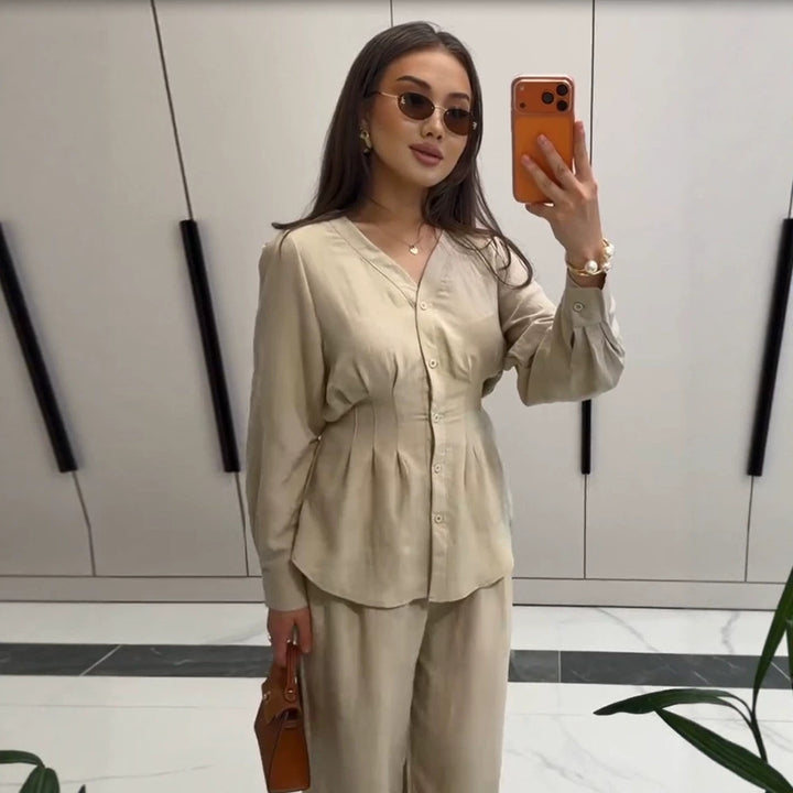 Damen V-Ausschnitt Blusen- und Culotte-Set mit Taillenfalten und weiten Beinen Echoarchiv