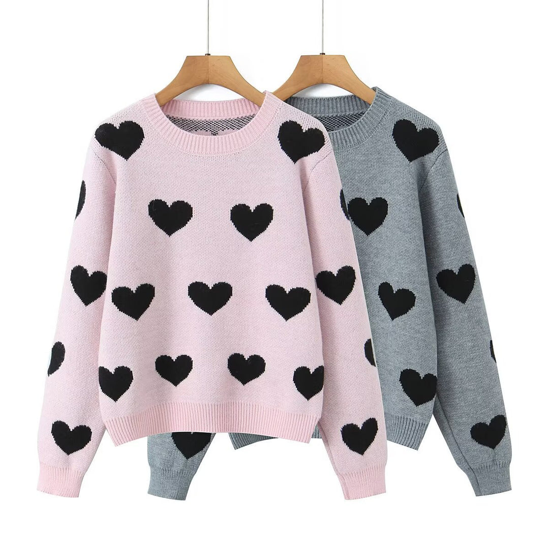 Damen Gemusterter Oversize Strickpullover mit Herzjacquard und Rundhalsausschnitt Echo Archiv