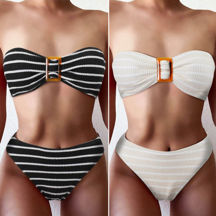 Damen Bandeau-Bikini mit modischem Streifenmuster und dekorativer Schnalle Echo Archiv