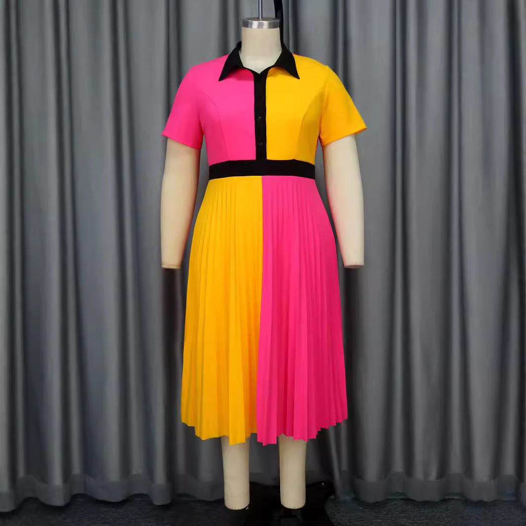 Damen plissiertes Kleid mit Umschlagkragen und kontrastierenden Farbblöcken Echo Archiv