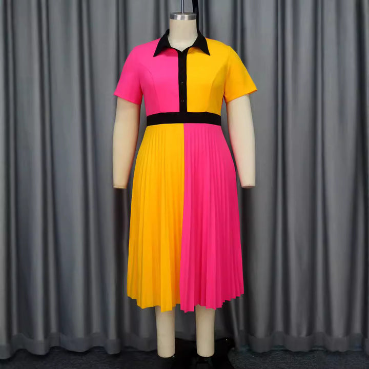 Damen plissiertes Kleid mit Umschlagkragen und kontrastierenden Farbblöcken Echo Archiv