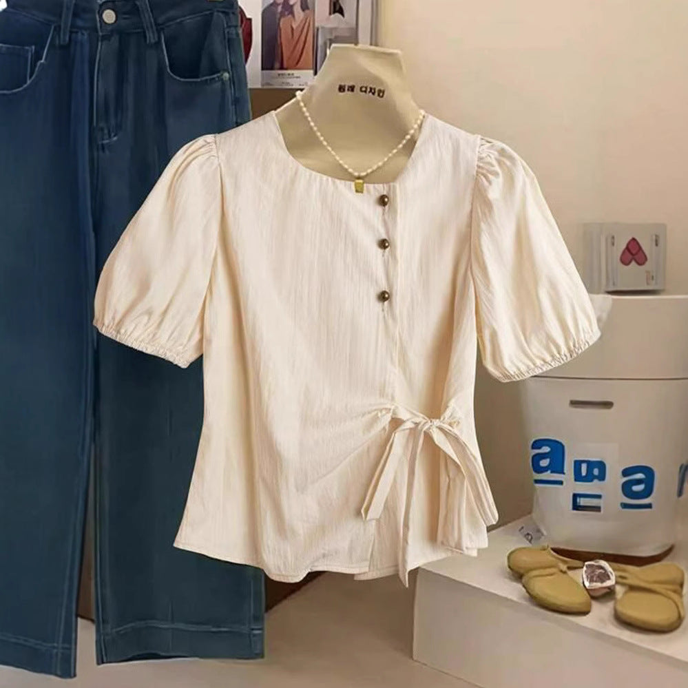 Damen Elegantes Wickeloberteil mit Knopf- und Schleifendetails Echo Archiv