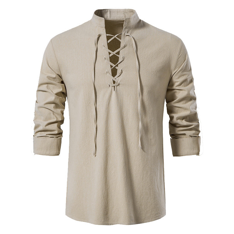 Herren lässiges Langarmshirt mit innovativer Schnürung und modernem Stehkragen Echoarchiv