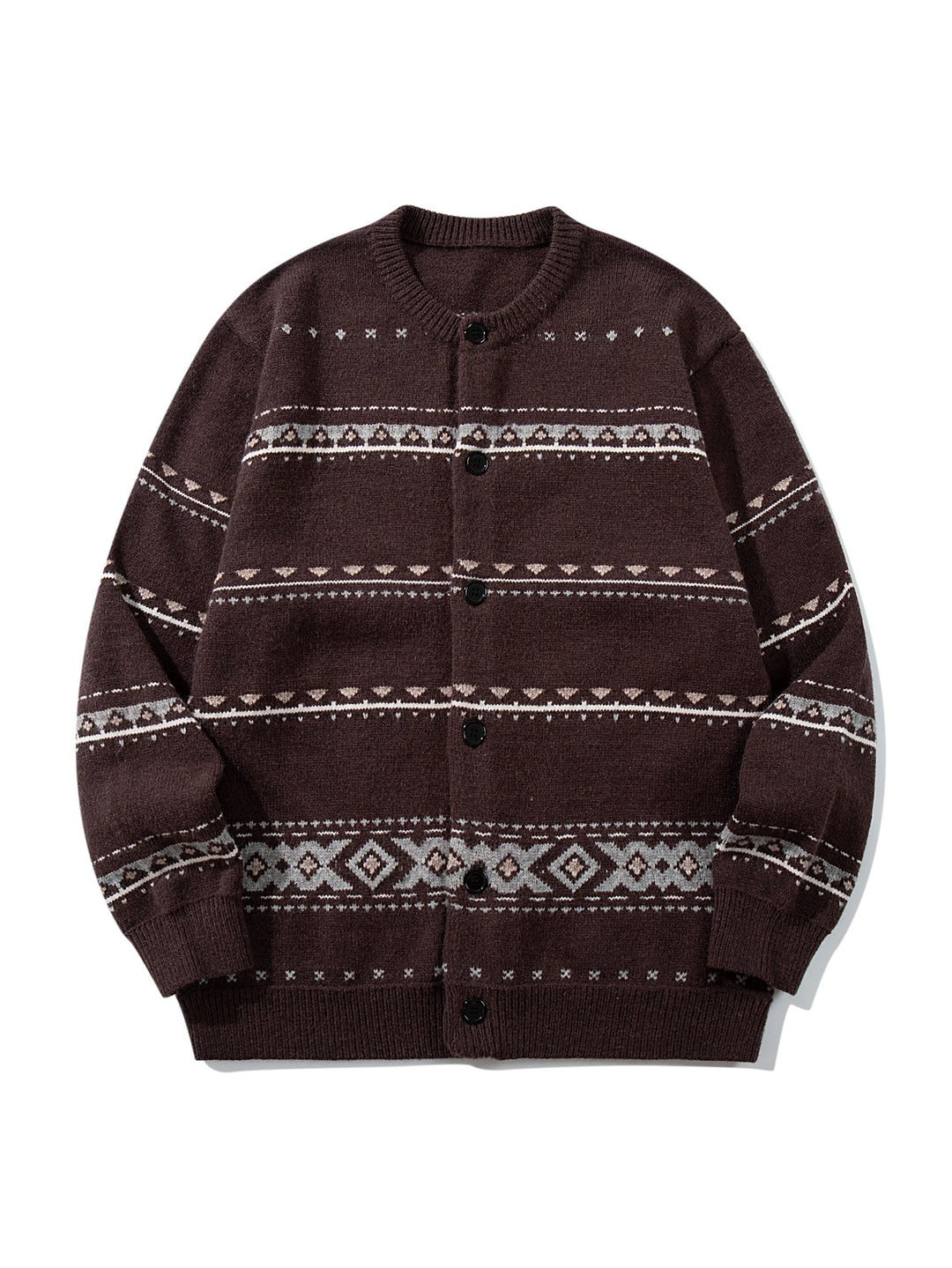 Unisex Strukturierte Jacquard-Strickjacke mit Rundhalsausschnitt, Oversize-Passform und Knopfleiste Echoarchiv