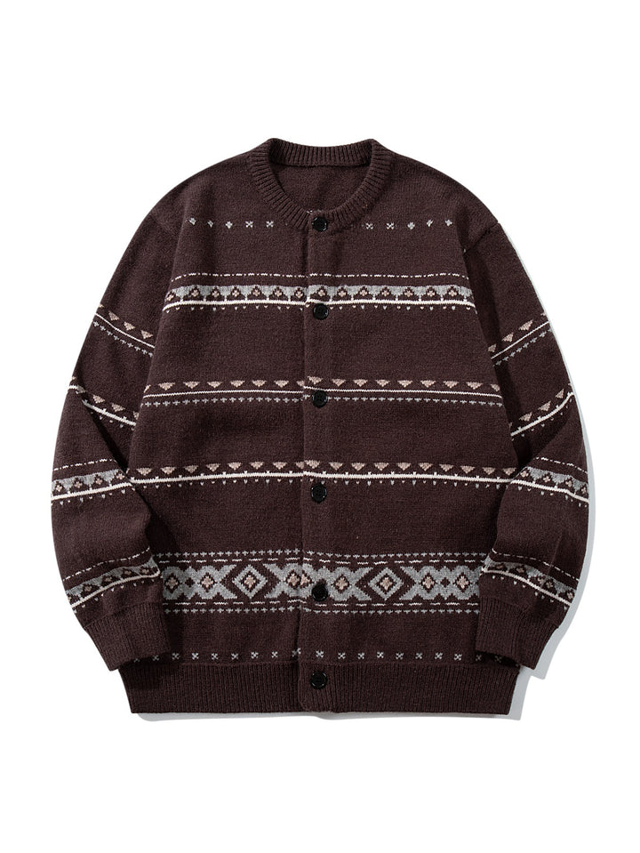 Unisex Strukturierte Jacquard-Strickjacke mit Rundhalsausschnitt, Oversize-Passform und Knopfleiste Echoarchiv