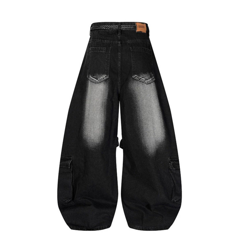 Damen Weite Denim-Cargo-Hose im Balloon-Schnitt mit großen Aufsatztaschen und geflochtenem Gürtel Echoarchiv
