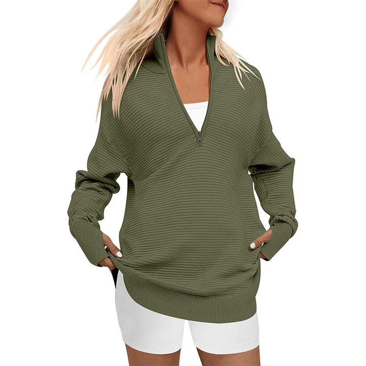 Damen Oversize-Feinstrickpullover mit halbem Reißverschluss, Stehkrragen und Daumenloch-Ärmeln Echo Archiv