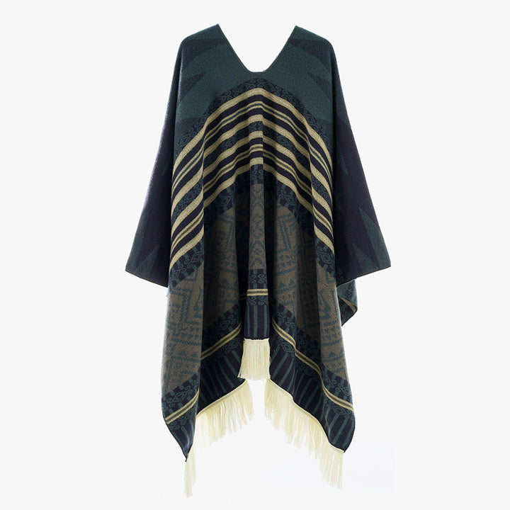 Damen Jacquard‑Ruana im Deckenstil mit V‑Ausschnitt, geometrischem Ethno‑Muster und Fransensaum – Avérine
