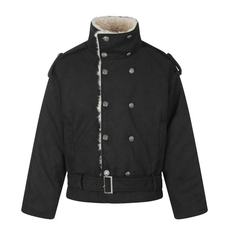 Herren Kurz geschnittene doppelt geknöpfte Aviator‑Jacke mit Teddyfutter, Stehkragen und Taillengürtel Echo Archiv