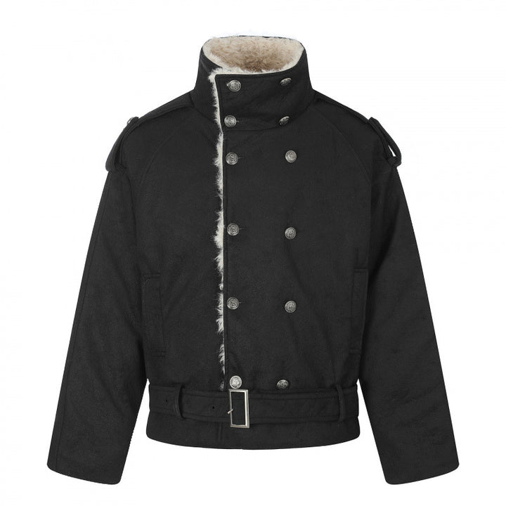 Herren Kurz geschnittene doppelt geknöpfte Aviator‑Jacke mit Teddyfutter, Stehkragen und Taillengürtel Echo Archiv