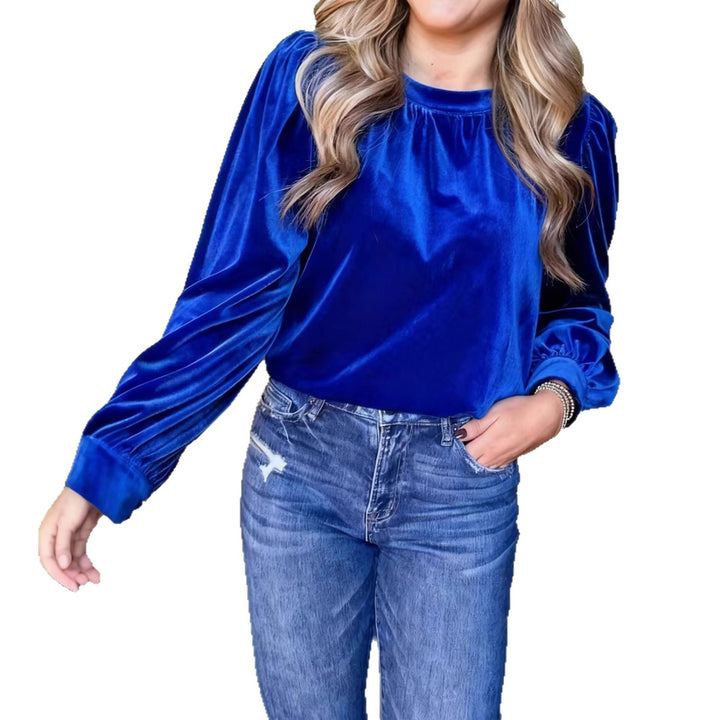 Damen Samtbluse mit Ballonärmeln und gerafftem Stehkragen – Élovi