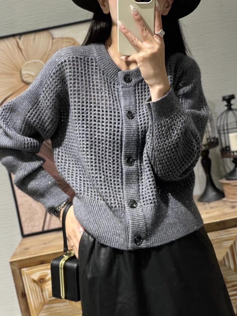 Damen Lockerer Mesh‑Cardigan mit Gitter‑Ajour, Rundhalsausschnitt und Knopfleiste Echoarchiv