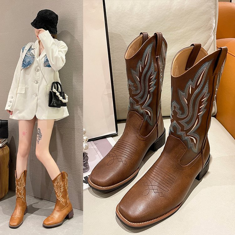 Damen Western-Cowboy-Boots mit aufwendiger Stickerei, mittlerer Schafthöhe und robuster Blockabsatz Echo Archiv