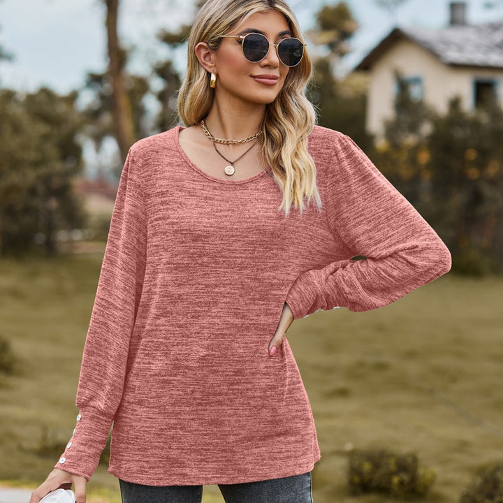 Damen Lässiges Langarmshirt mit Knopfmanschetten und weitem Rundhalsausschnitt Echo Archiv