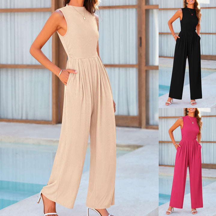 Damen Ärmelloser Palazzohose-Jumpsuit mit taillierter Rippenoberseite und weiten Plissé-Bein – Solévia