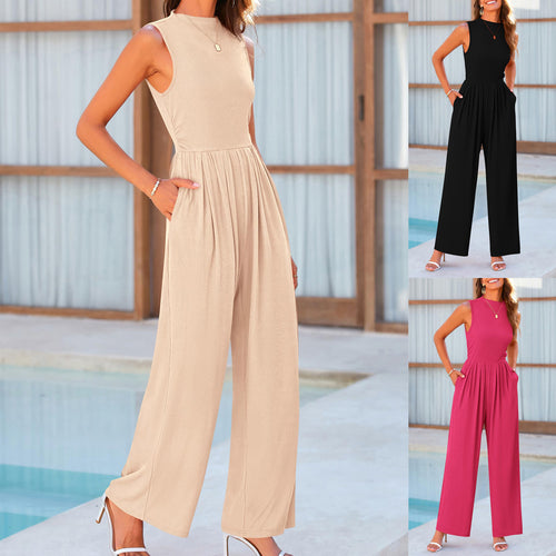 Damen Ärmelloser Palazzohose-Jumpsuit mit taillierter Rippenoberseite und weiten Plissé-Bein – Solévia