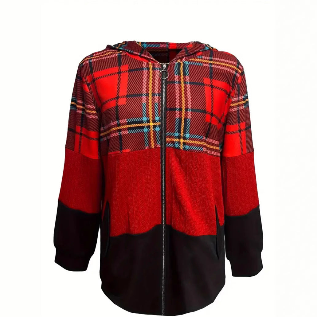 Damen nan lange Kapuzenjacke im Patchwork-Stil mit Karo‑ und Strickeinsätzen, Frontreißverschluss und Eingrifftaschen Echo Archiv