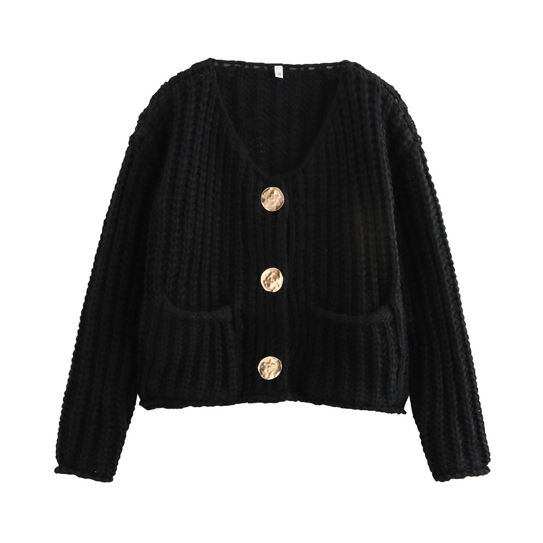 Damen Grobstrick-Cardigan mit V‑Ausschnitt, goldener Knopfleiste und aufgesetzten Taschen Echo Archiv