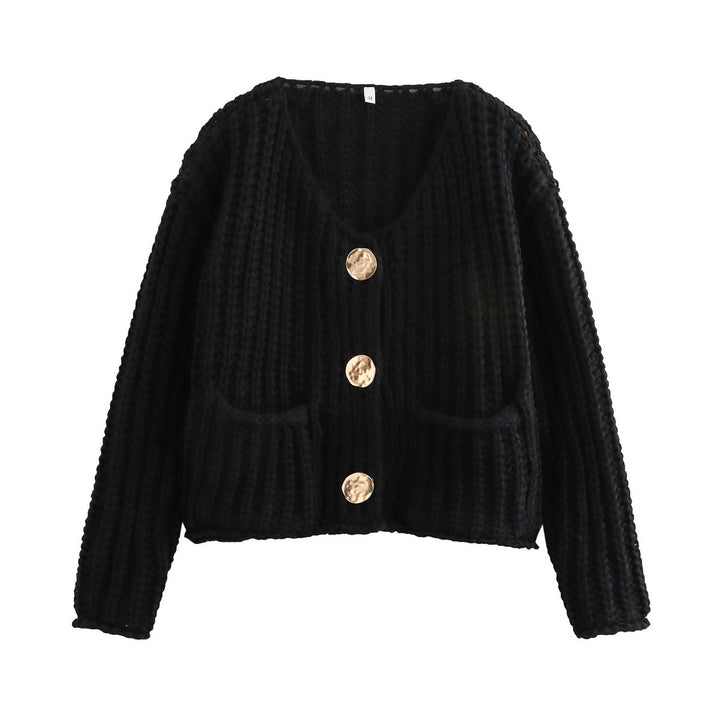 Damen Grobstrick-Cardigan mit V‑Ausschnitt, goldener Knopfleiste und aufgesetzten Taschen Echo Archiv