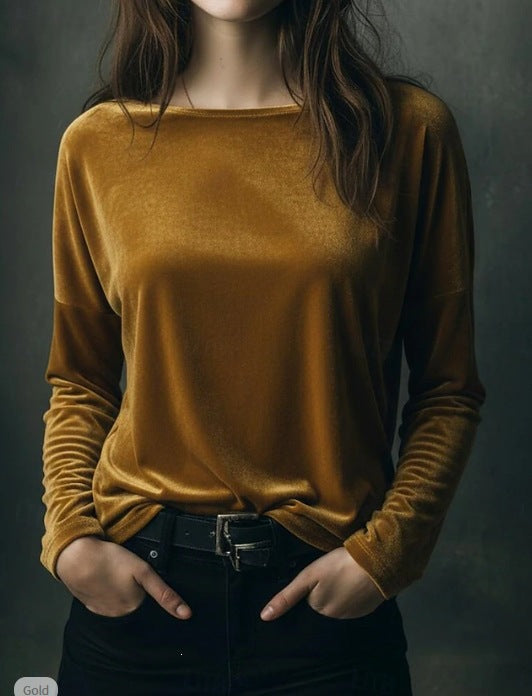 Damen Feines Velours-Langarmshirt mit U-Boot-Ausschnitt und kastiger Silhouette Echoarchiv