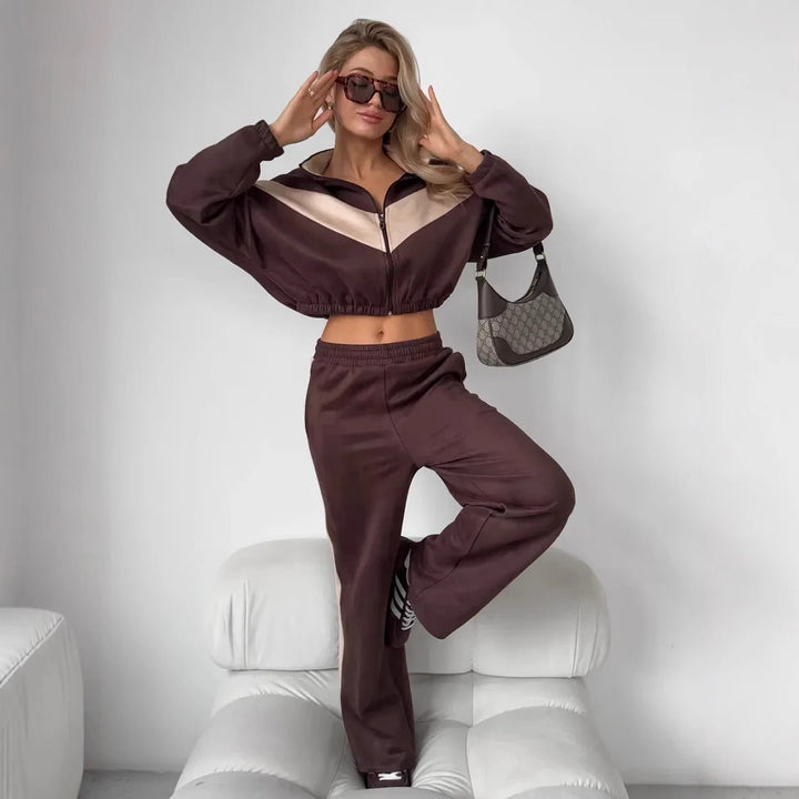Damen cropped Zipjacke und weite Trackpants mit kontrastierendem Seitenstreifen – Avérine