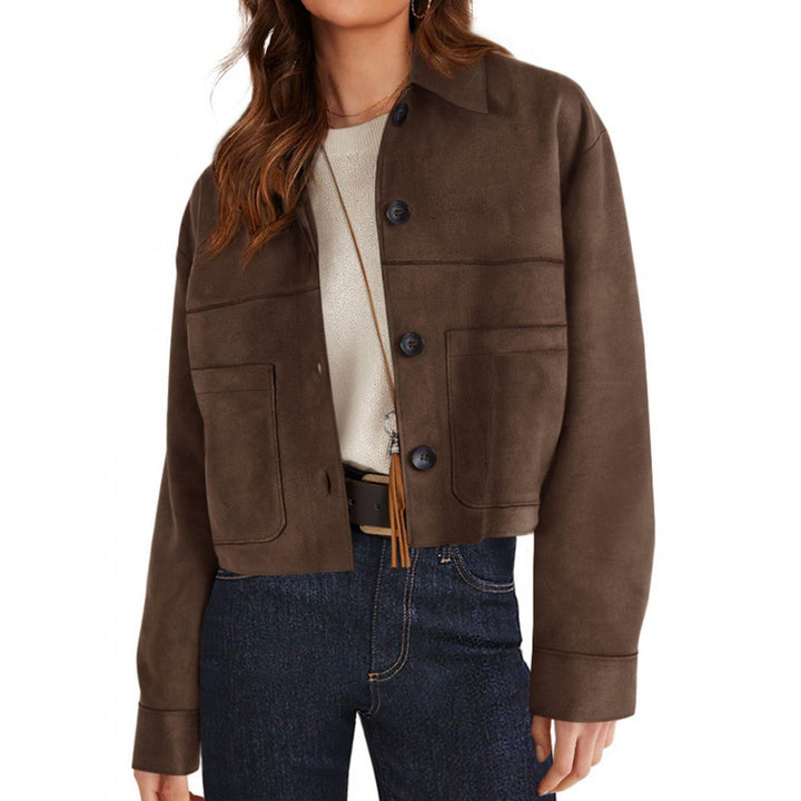 Damen kurze Wildleder-Optik Jacke mit aufgesetzten Taschen und Hemdkragen Echo Archiv